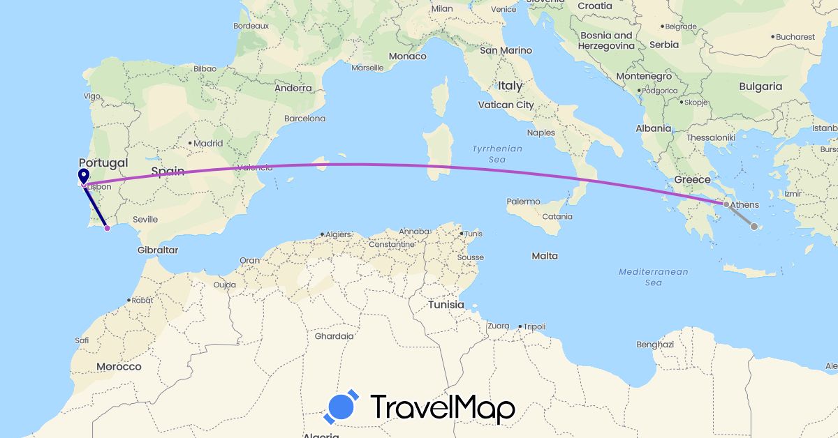 TravelMap itinerary: driving, plane, train in Greece, Portugal (Europe)